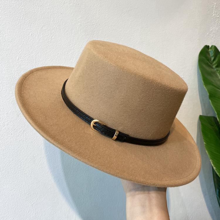 Lolita Autumn and Winter British European and American Style Belt Flat Top Top Top Hat Men's and Women's Wide Brim Retro Woolen Black Jazz Hat