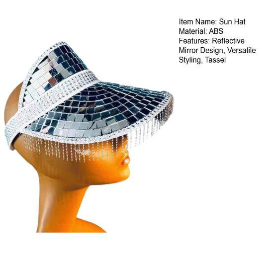 Sun Hat Reflective Mirror Design Summer Anti-UV Hat with Tassels Hiking Traveling Parties Lightweight Breathable
