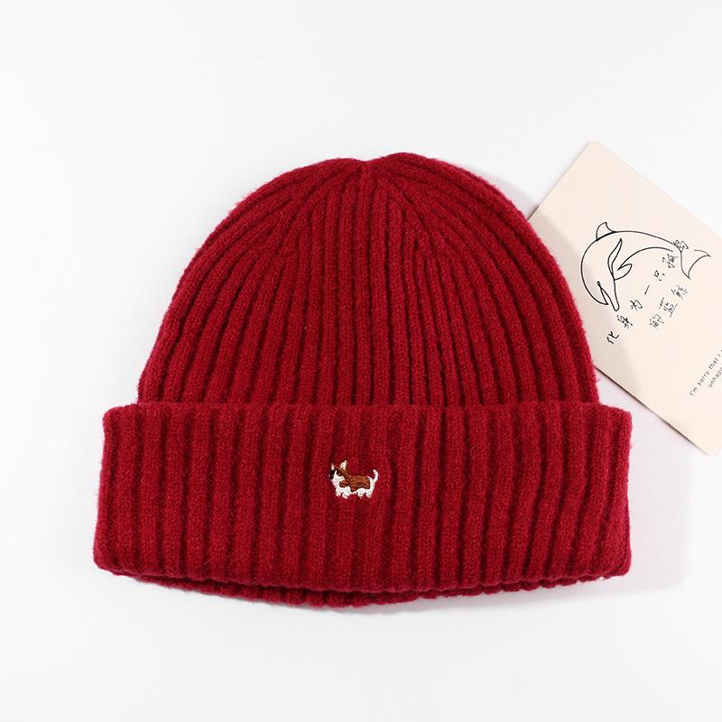 Autumn and Winter Hat Women Cartoon Puppy Embroidered Knitted Hat Student Warm Ear Protection Wool Hat Outdoor Jacket Cold Hat Man