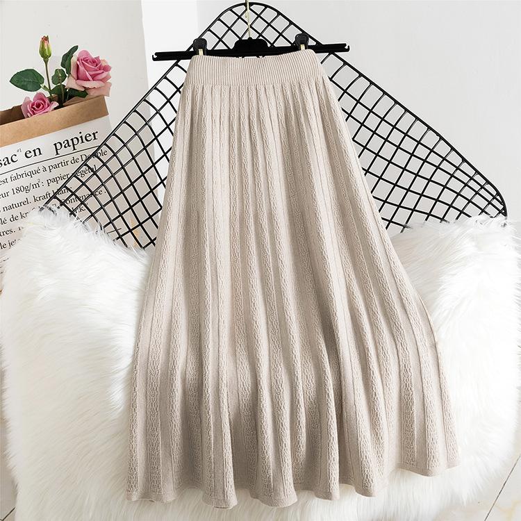 Knitted Skirt for Women Autumn and Winter High Waist Mid Length A-line Pleated Skirt