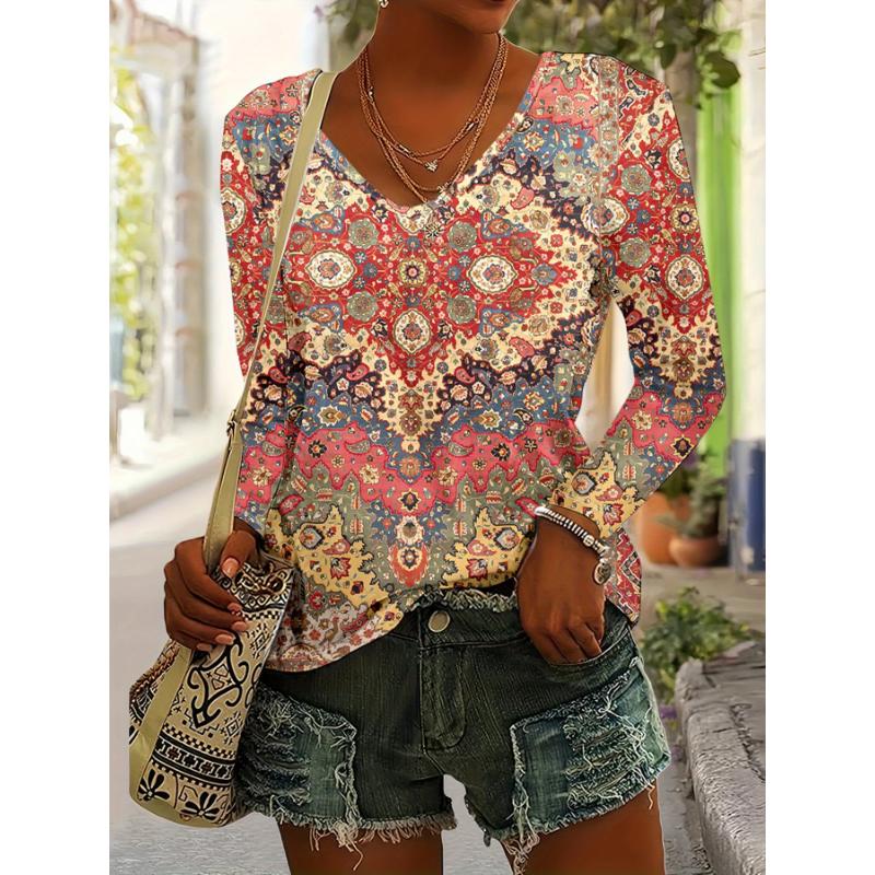 Women's Elegant V-Neck Marble Print Long Sleeve T-Shirt Soft Polyester Great for Autumn and Winter Casual Wear Floral Print Tops