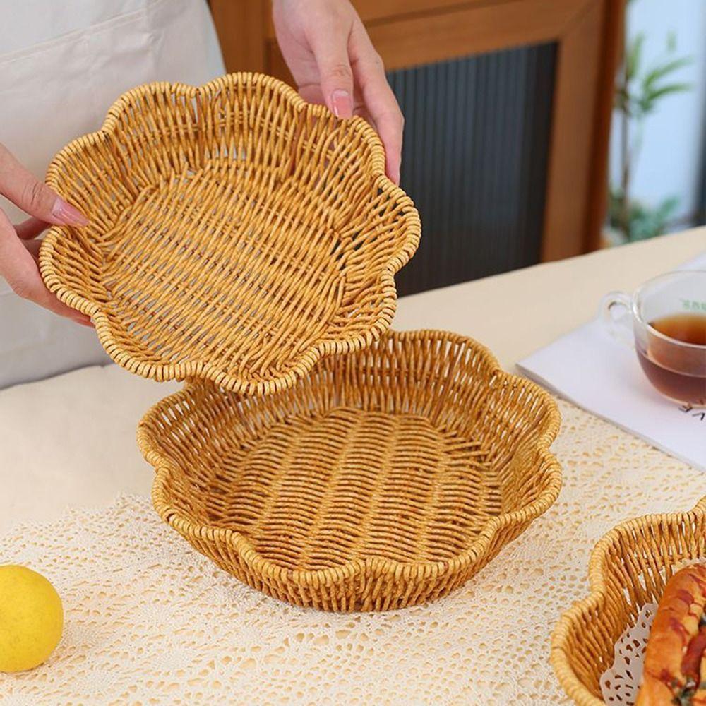 Round Base Imitation Rattan Basket Flower Shape Woven Bread Plate Fruit Serving Tray Living Room