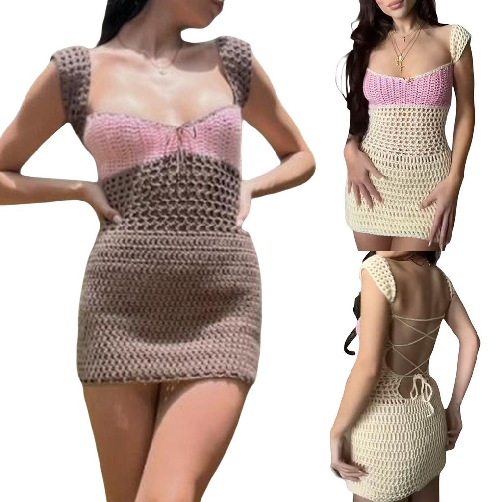 Summer Women's Low Cut Vest Sexy Backless Strappy Knit Slim Hip Dresses