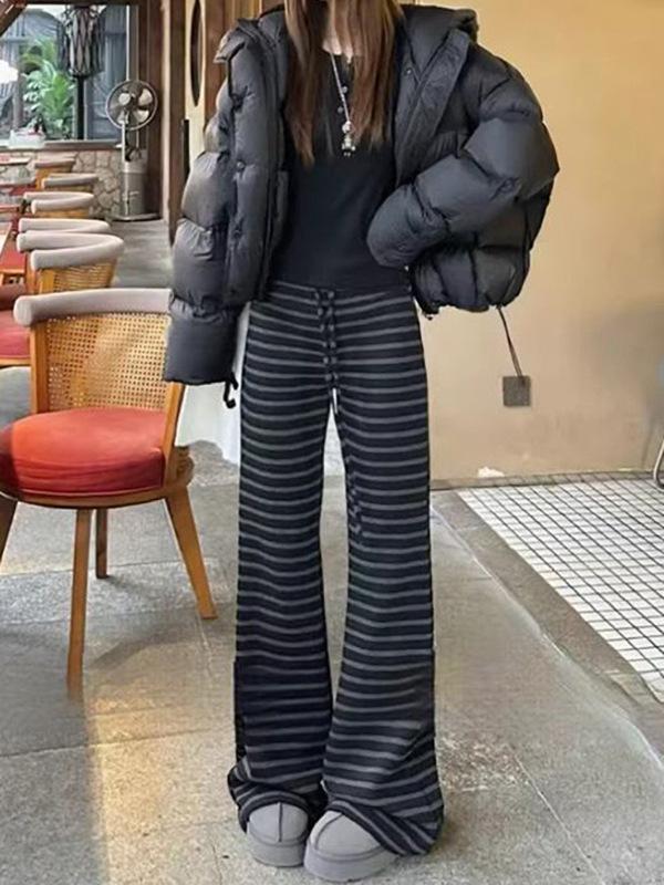 Hohe Taille, schmal geschnittene, schwarz gestreifte Micro-Flare Wide-Leg Jogginghose für Damen - Herbst/Winter Koreanischer Stil