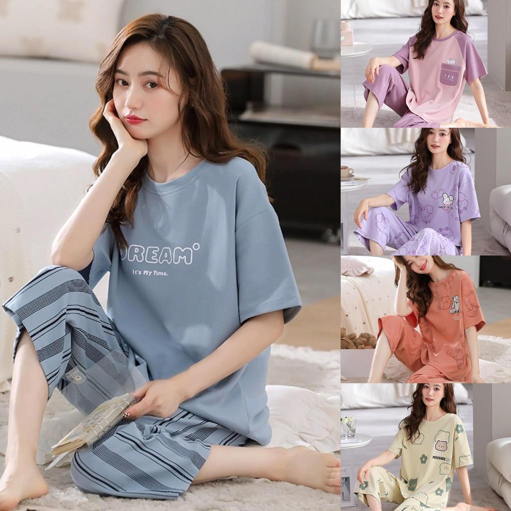 Summer Ladies Two-Piece Pajamas Women Seven Trousers Short-Sleeved Girls Large Size Pajamas Homewear Suit Leisure Wear