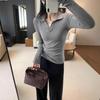 Elegant Korean Style Grey Slim Fit Lapel T-shirt: Women's Autumn/Winter Long Sleeve Base Layer Top