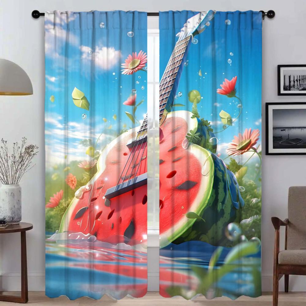 Cortina de janela de guitarra de melancia para sala 2 painéis cortinas anti-mosquito cortinas divisórias decoração de halloween tule para quarto