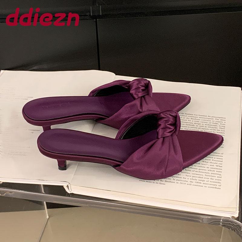Fashion Fashion Butterfly-Knot Ladies Heeled Slippers Shoes Summer Pointed Toe Women Low Heel Slippers Female Slides Sandals Pumps