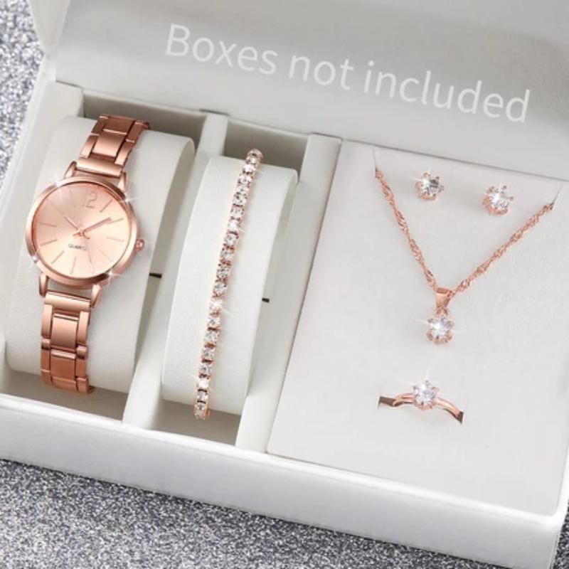6 Piezas/Set Reloj de Mujer Reloj de Cuarzo Collar Pendientes Anillo Pulsera Conjunto de Joyería (Sin caja)