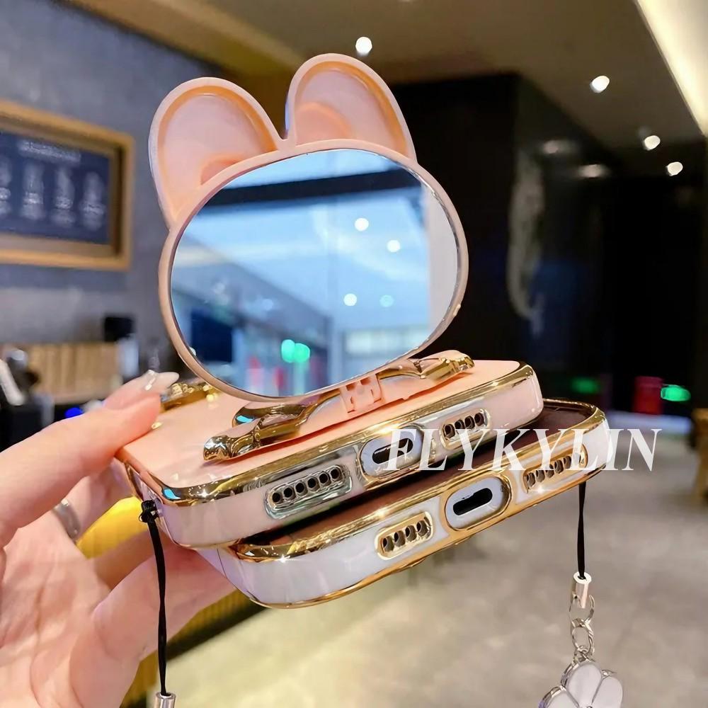 For Huawei Nova 14 13 11 10 Pura 80 70 60 50 Pro Mate 70 60 50 Rabbit Mirror Bracket,Hand Rope Electroplated Soft Shell