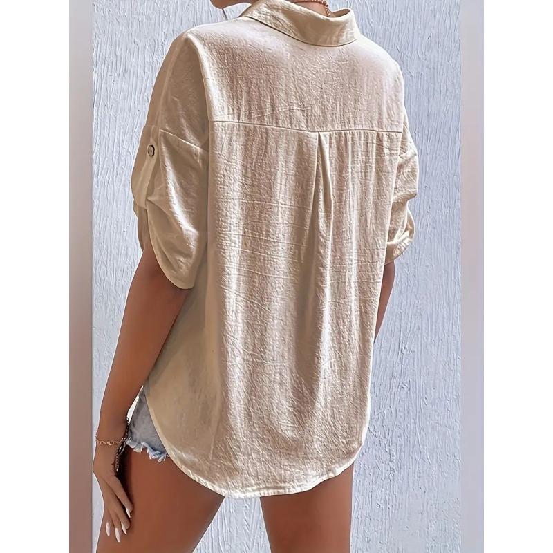 Women's Summer Cotton and Linen Shirt, Lapel Pockets, Loose Short-sleeved Solid Color Shirt Top