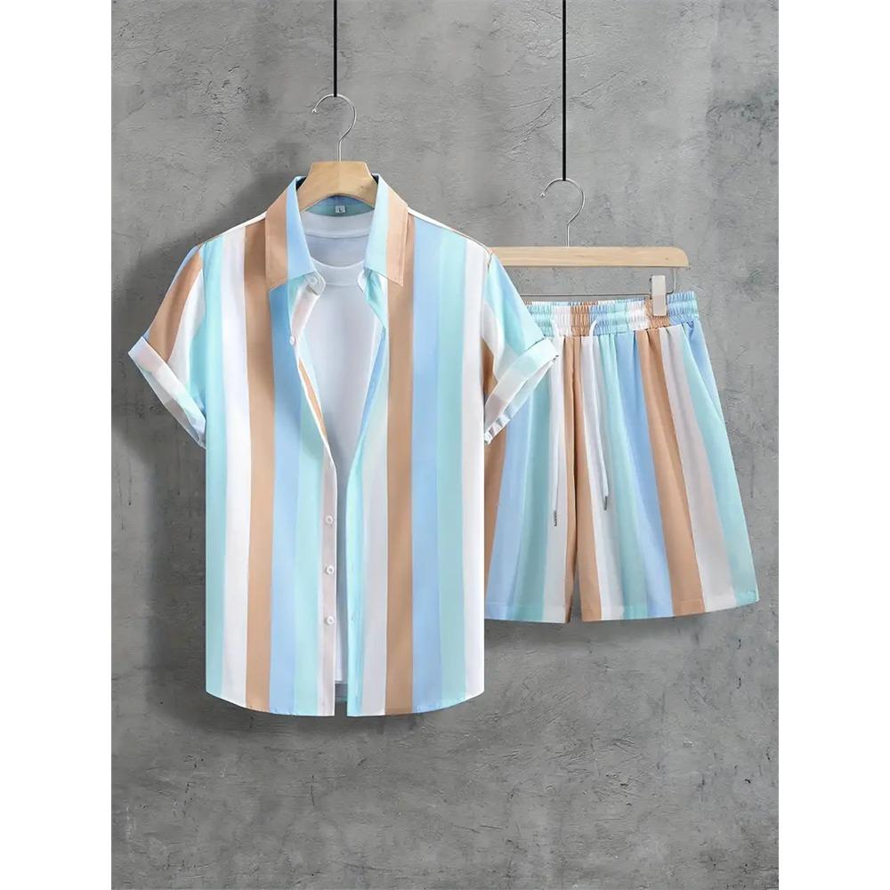 2024 Sommer Herren Freizeit Pendler Anzug Herren Gestreift Bedrucktes Hemd Kurzarm Shorts 2-teilig Herren Hawaiianischer Strandstil Kleidung
