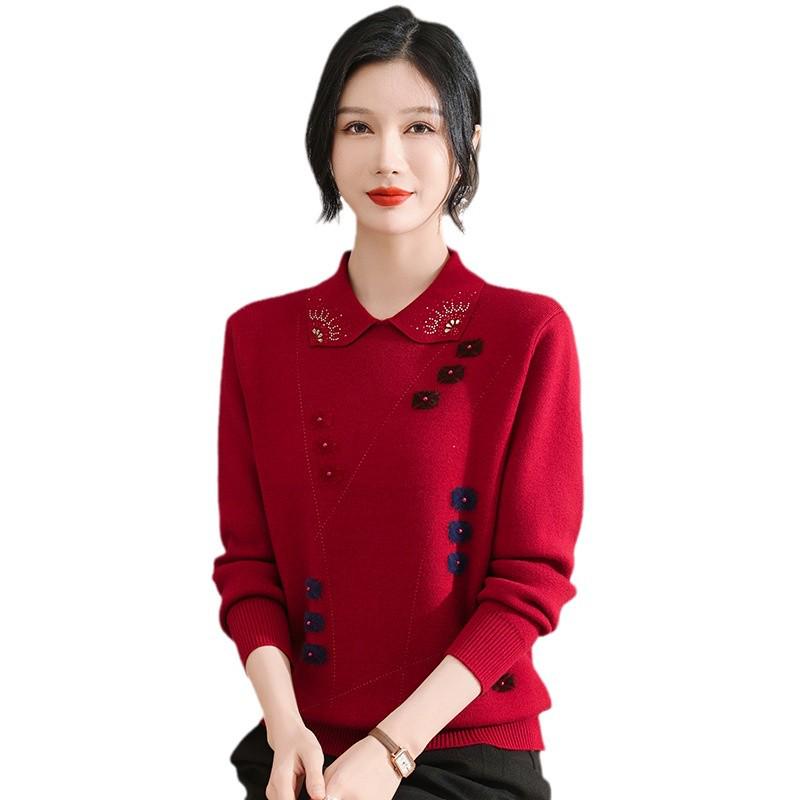 Mom's Wear 2024 Red Fleece One-Piece Base Layer Top for Middle-Aged and Elderly Women – Plus Size Thick Winter Sweater
