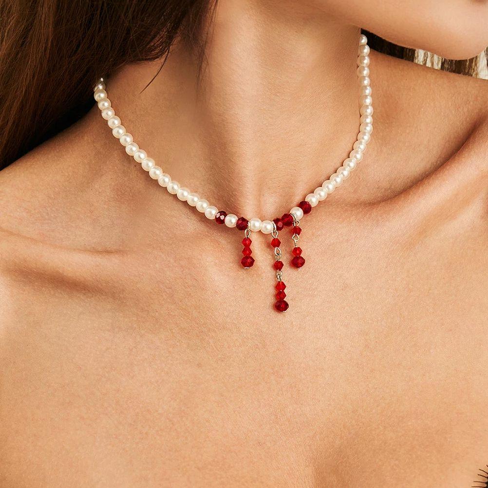 Salircon Vintage Red Blood Pattern Imitation Pearl Tassel Pendant Necklace for Women Goth Crystal Bead Chain Halloween Jewelry