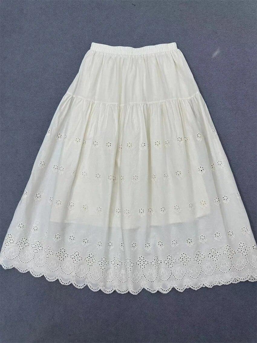 

Johnature женские японские юбки из чистого хлопка с вышивкой, свободные полуюбки трапециевидной формы на внутренней подкладке, весна One Size слоновая кость