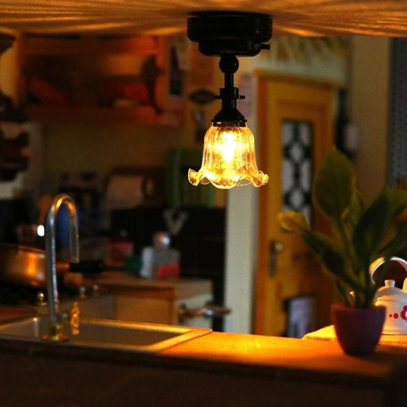 Decorative 1/12 Dollhouses Ceiling Light Miniature Chandelier with Clear Flower Shade for Miniature Living Room Decors