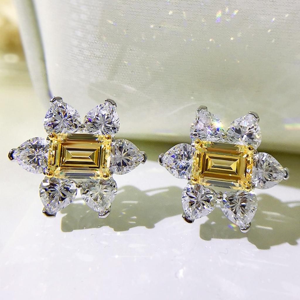 Yellow Zircon Flower Stud Earrings Sparkling Wedding Banquet Jewelry