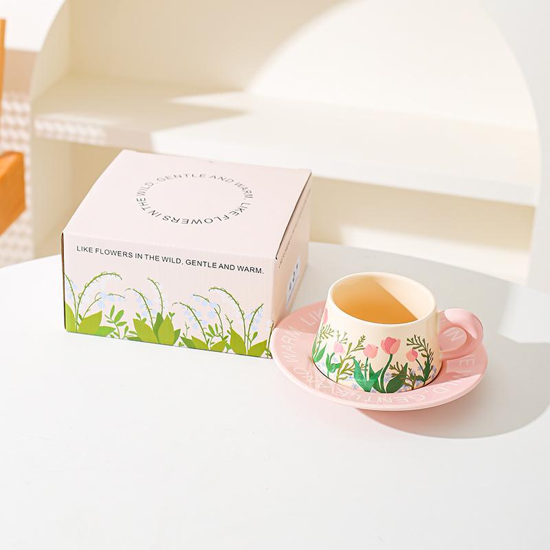 Pastoral Ceramic Coffee Cup and Saucer Set, Afternoon Tea Cup Snack Combination, High-end Sense, Fresh Literary and Romantic