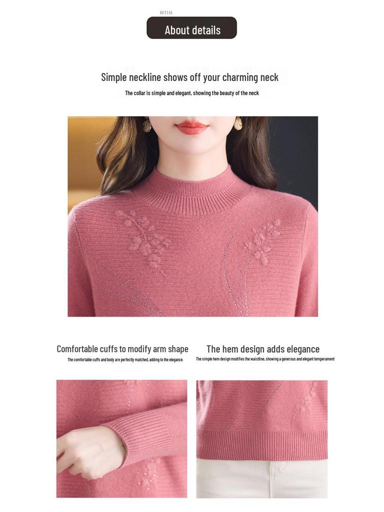 Autumn/Winter 100% Pure Wool Sweater for Mature Women - Knitted Base Layer with Stylish Embroidered Half-High Neck