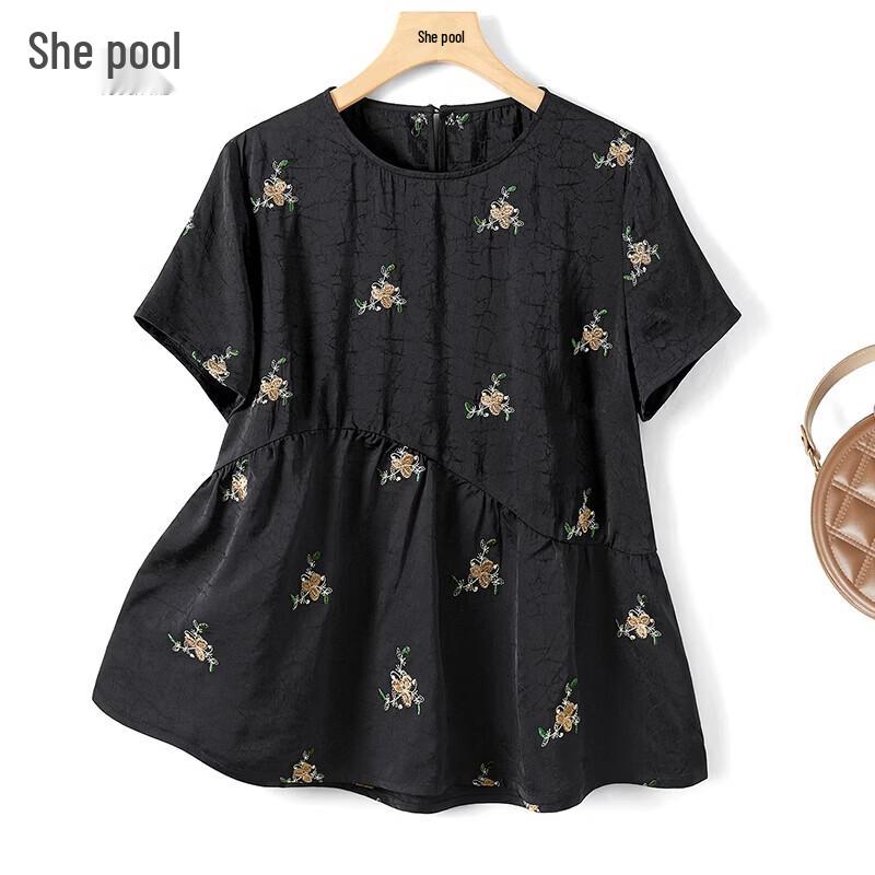 Women s Light Chinese Style Embroidered Tortoise Pattern Round Neck Short Sleeve Blouse M