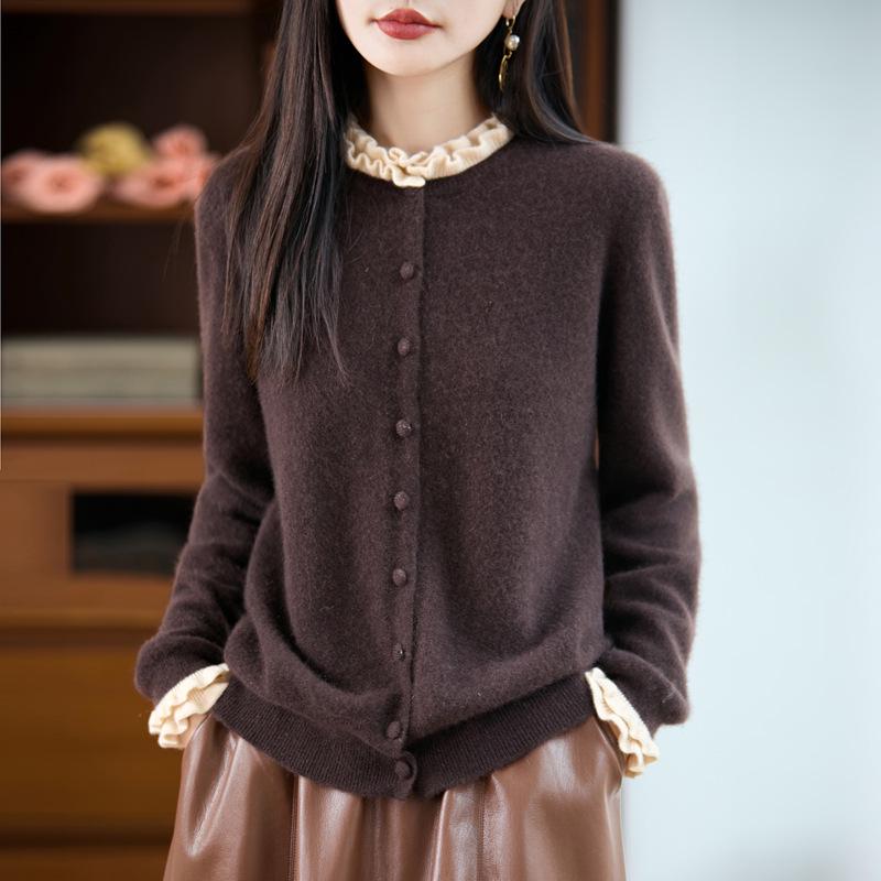 

Женский кардиган из 100% шерстяного трикотажа с отделкой оборками, мягкий и стильный, новая коллекция осень/зима 2XL for 140-155 lbs кофейный