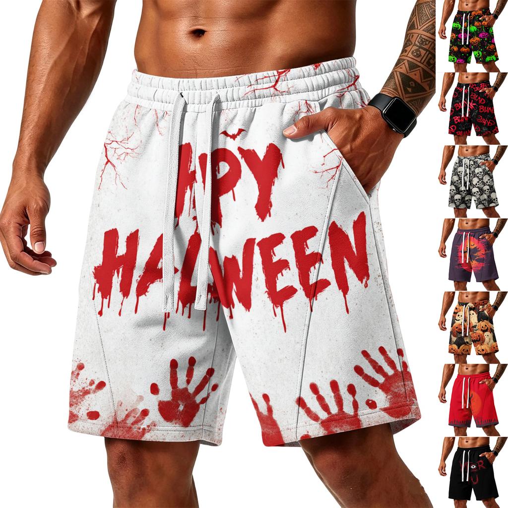 Men's Loose Fit Halloween Themed Athletic Shorts with Elastic Waistband and Multiple Pockets Casual Sportwear Bottoms for Outdoor Activities