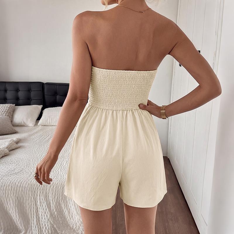 Women Solid Color Strapless Smocked Waist High Waist Wide Leg Short Vacation Romper