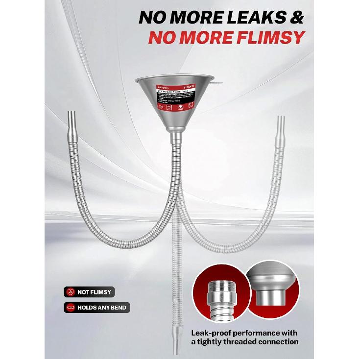 BILITOOLS 26.2" Steel Flexible Oil Funnel With Filter For Automotive Use, Metal Bendable Spout Funnel For Oil Fluids Change, Long Funnels For