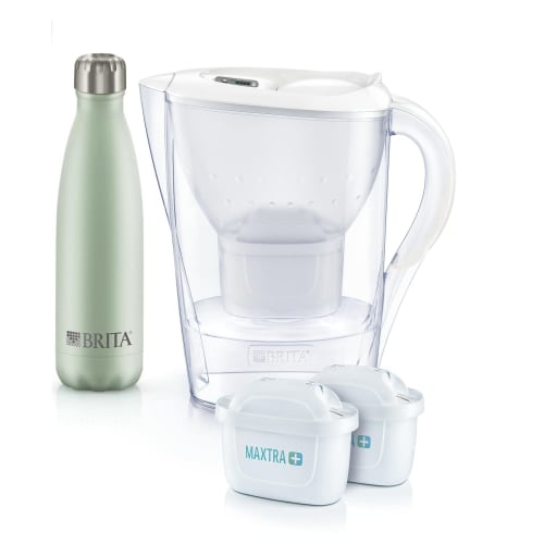 BRITA Pure Performance Water Filter, 1.15L Filter Capacity (2.4L Total Capacity), with Marella Cool Stainless Steel Bottle (Green) and two Maxtra Plus