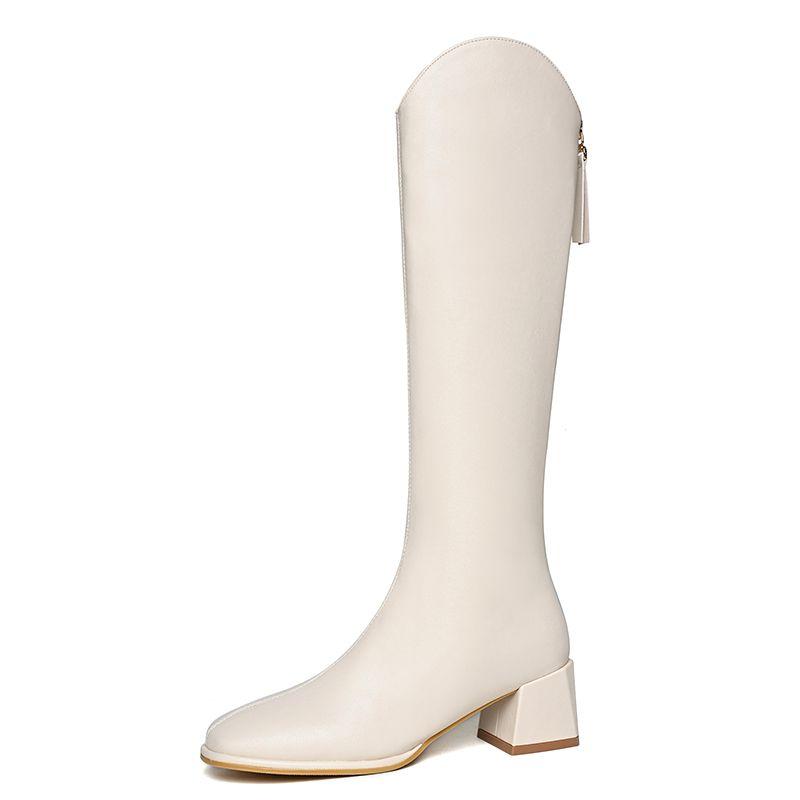 Autumn Winter Square Toe Middle Heel Women's Long Boots Leather Fleece-Lined Ladies Knee High Shaft Shoes New Rock Goth Boot