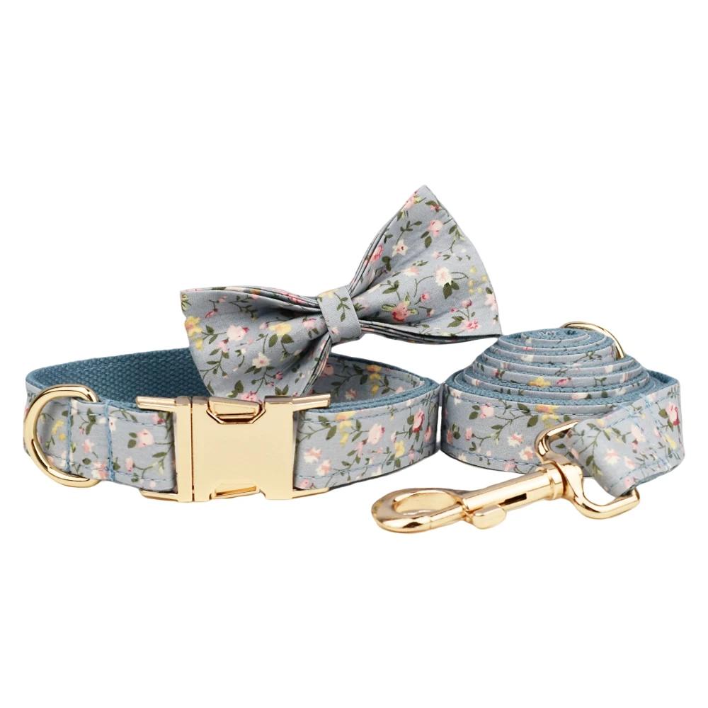 Personalized Floral Dog Collar Leash Harness Set with Bow & Poop Bag Holder - Quick Release Adjustable Pet Accessories for