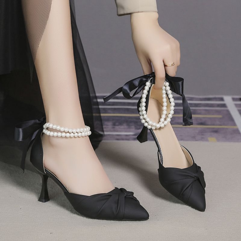 2025 summer new mid-heeled small man shows height sandals temperament French stiletto beaded high heels white single shoes