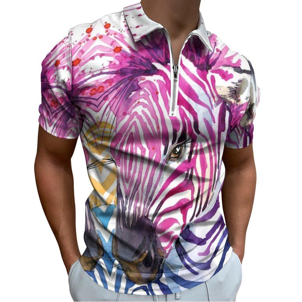 Zebra & Tropical Print Short Sleeve Zip-up Polo, Stylish Casual Top