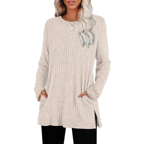 Tunique pour femme Tops Col rond Manches longues Tops en tricot avec poches latérales Couleur unie Décontracté Blouse rayée