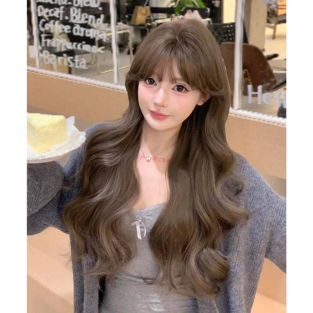 Net Sensation Tea Tea Wig: Brightening Milk Tea Gray-Brown, Korean Style with Big Waves, Elegant Face-Slimming, Realistic Full Head for Women
