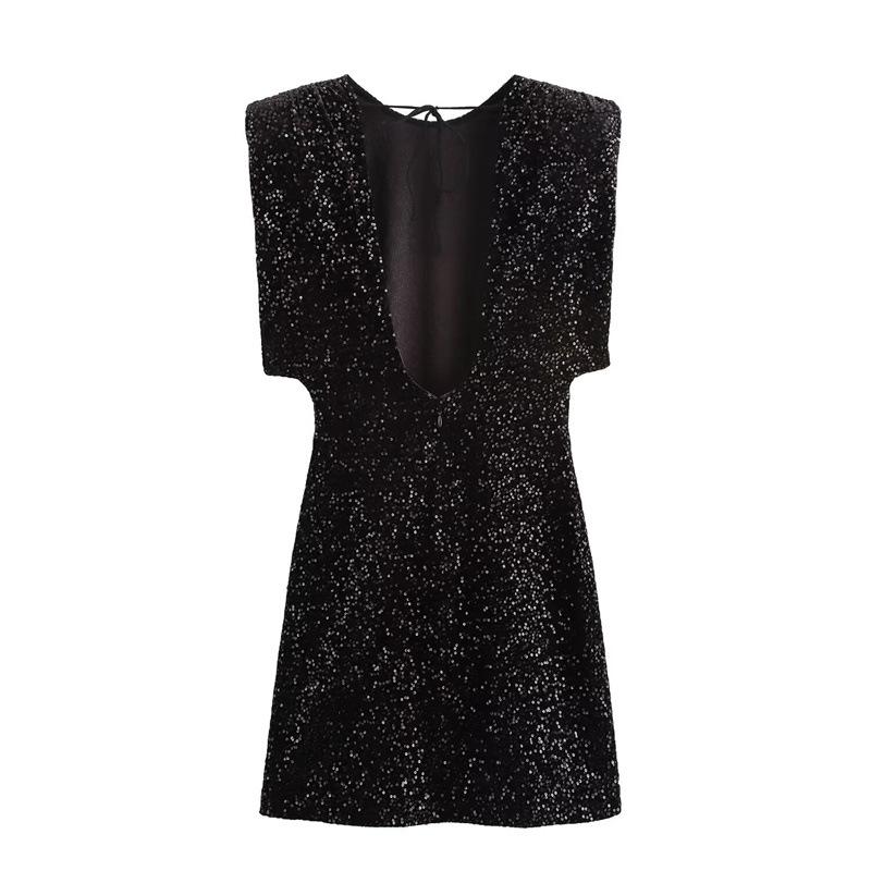 Women Sleeveless Sequin Velvet Mini Dress Elegant Evening Party A‑Line Dress Fall Cocktail Dress