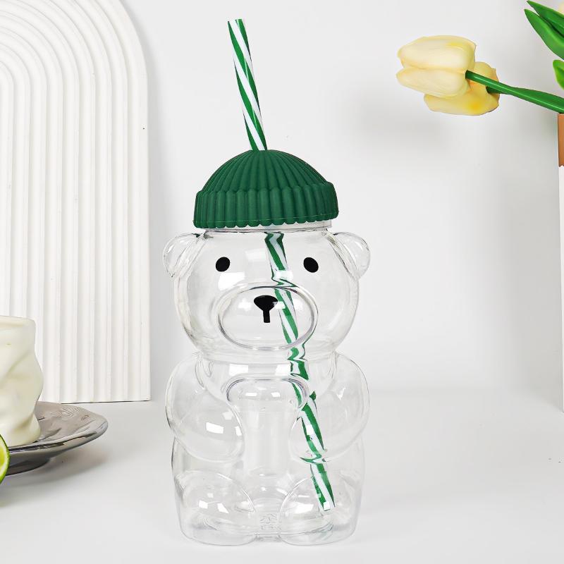 550ml Kávový hrnek ve tvaru kresleného medvídka Roztomilý medvídkový hrnek Plastový kelímek pro mazlíčky se slámkou Průhledné Kreativní hrnky na mléko, kávu, vodu