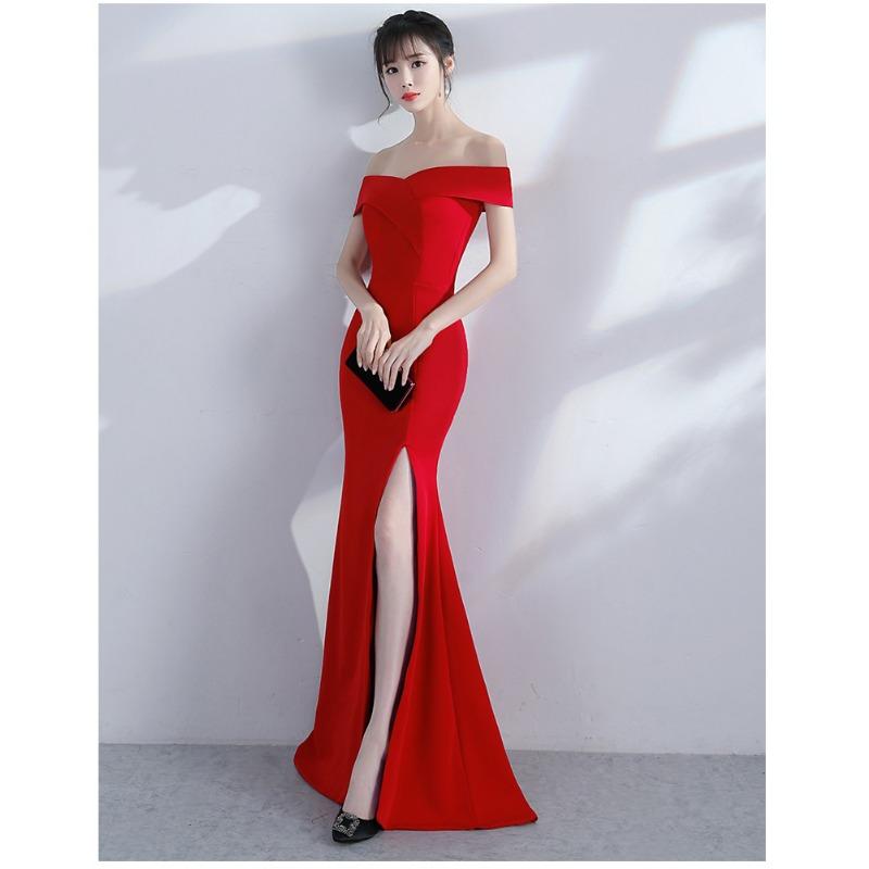 Banquet Evening Dress Chen Qixiong Elegant Long One-word Shoulder Fishtail Host Dress Long Dress