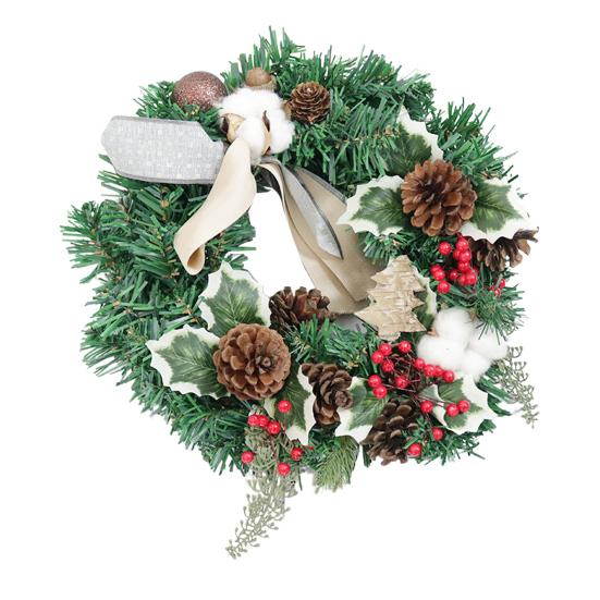 Vánoční věnec na vchodové dveře Ručně vyráběný Umělý zelený věnec s šiškami Červené bobule Baňky Ozdoby pro Vnitřní Venkovní Sváteční Dekoraci