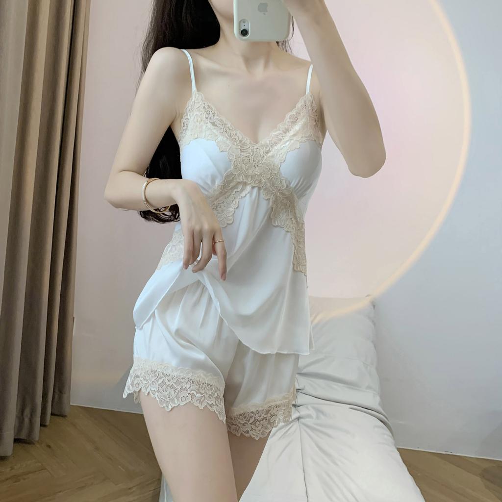 Pyjama en soie glacée pour femmes, été, filles, désir pur, short à bretelles, ensemble loungewear, pyjama femme rose et sexy, loungewear