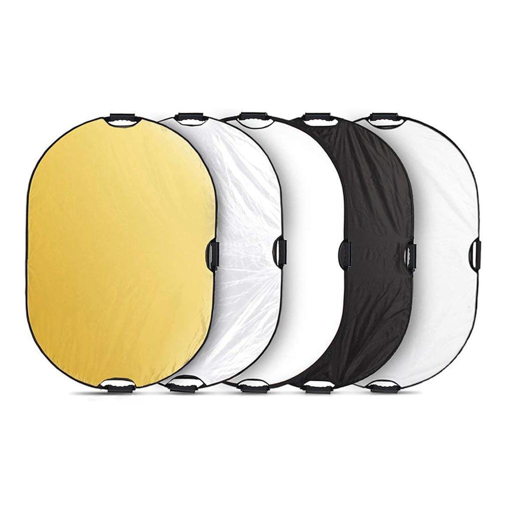 Riflettore Ovale 5 in 1 con Manico, Riflettore Luminoso Pieghevole 60 x 90cm, Tessuto Poliestere Oxford Telaio in ABS Diffusori Argento Oro Bianco Nero per Studio Esterno