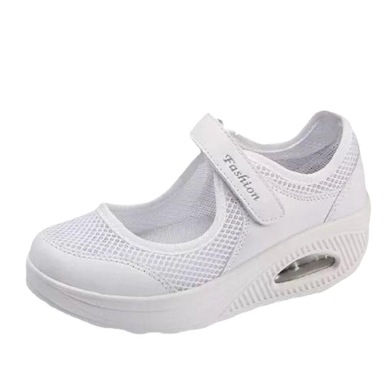 Spring and Autumn Large Size New Mesh Hollow Slope Heel Velcro Casual Rocking Shoes Casual Single Shoes Women