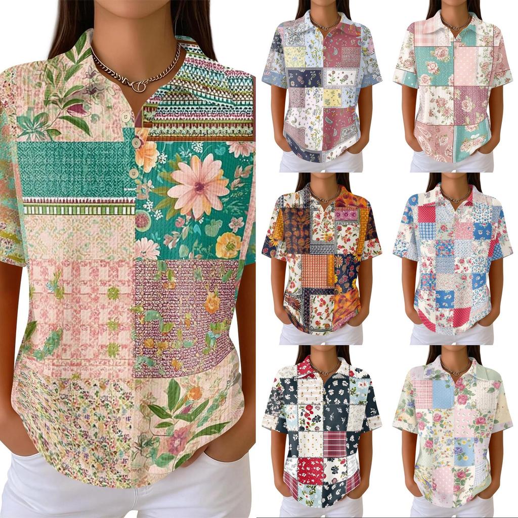 Damen Lässiges Kurzarm Waffelstrick Poloshirt Knopfleiste Patchwork Blumenprint Leichtes Oberteil