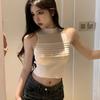 High Neck Hollow Ice Silk Camisole Tank Top for Women Summer Pink Halter Neck Slim Fit Short Style Knitted Sleeveless Top