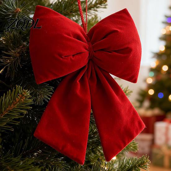 Christmas Party Sign in Desk Decor Flocked Fabric Bow, Large Red Bow with Hanging Strap, Velvet Bows for Office Decorations Festive Pendant