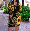 Women Plus Size V Neck Long Sleeve Floral Printed Navy Blue Fitted Dress