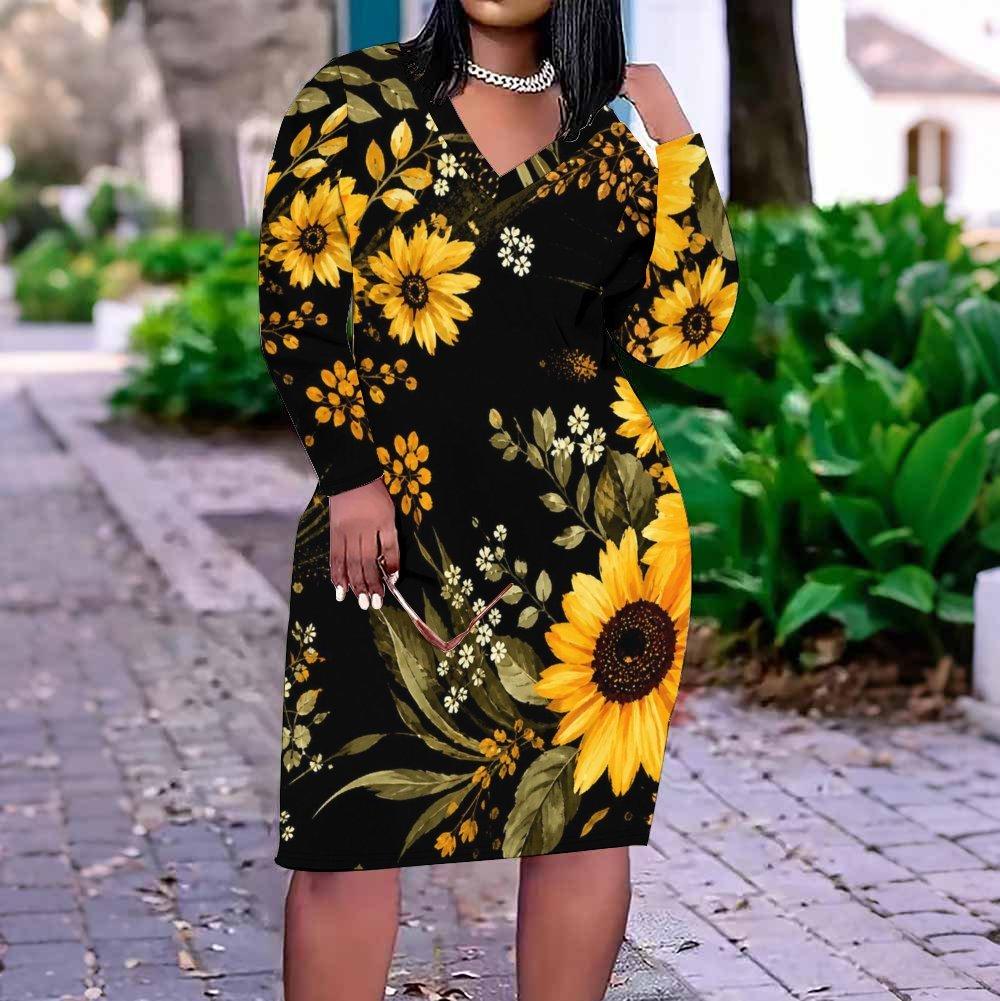 Women Plus Size V Neck Long Sleeve Floral Printed Navy Blue Fitted Dress