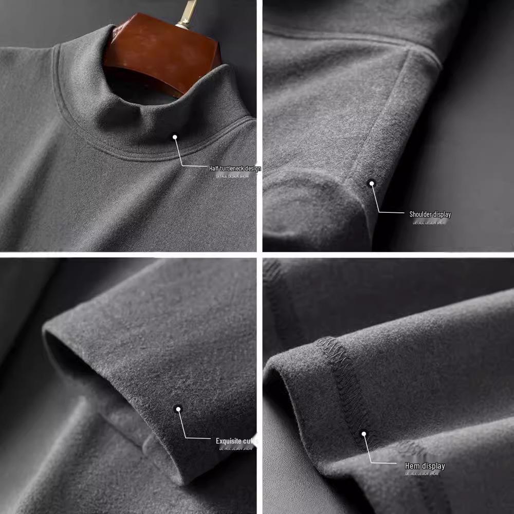 Men's Double-Sided Velvet Half-High Collar Long-Sleeve Black T-Shirt for Autumn and Winter