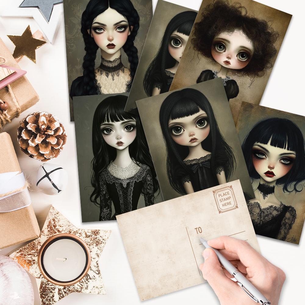32pcs, vintage gothic girl postcards, dolls, birthday/anniversary gifts, collectible, giftable, and mailable