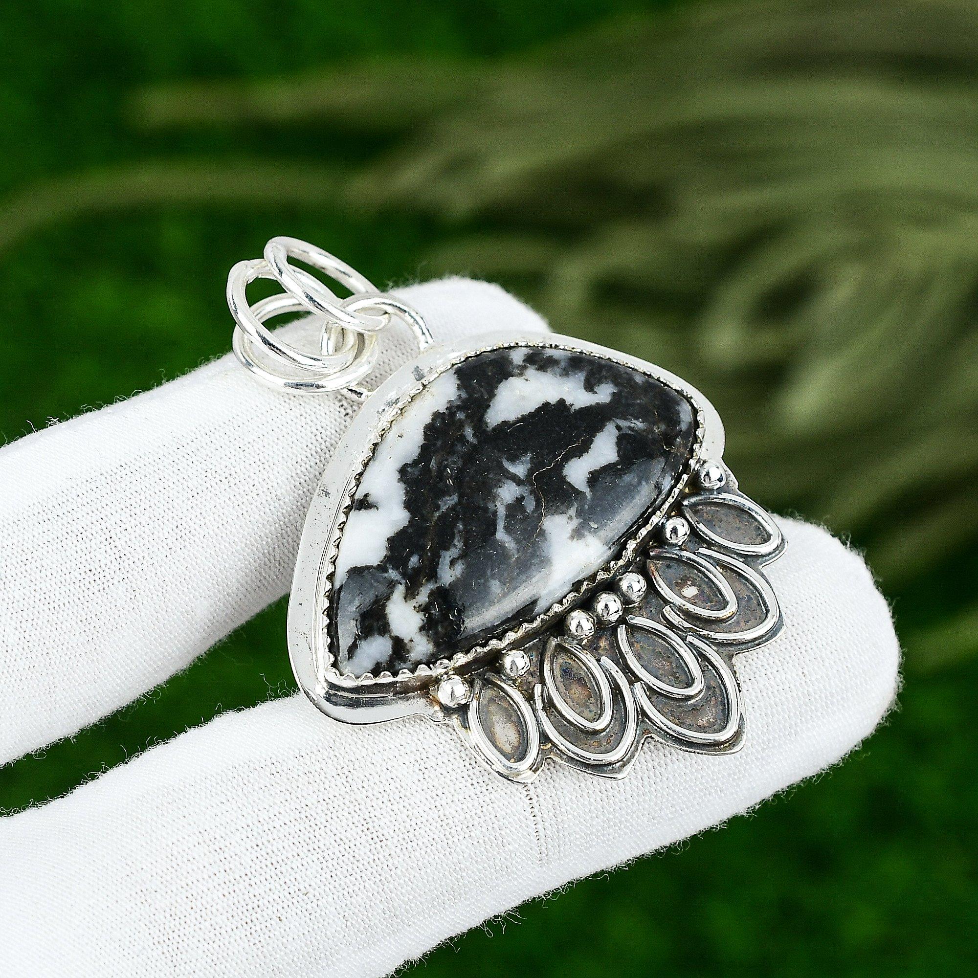 

925 Silver Trillion Natural Zebra Jasper Anniversary Unique Bezel Mother Pendant
